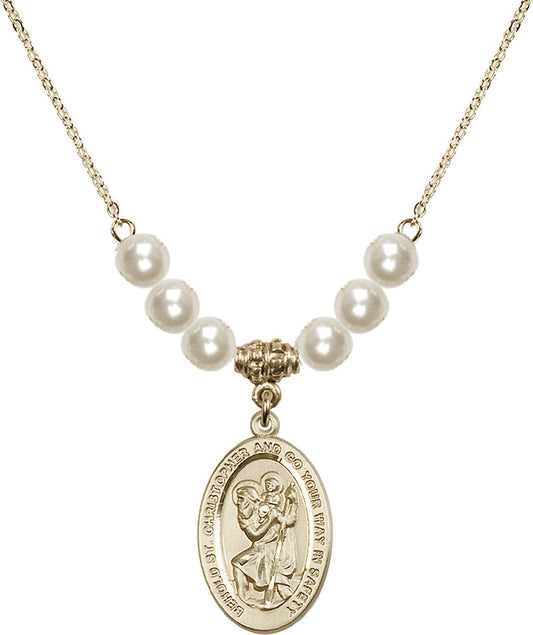 14kt Gold Filled Saint Christopher Birthstone Necklace with Faux-Pearl Beads - 4123