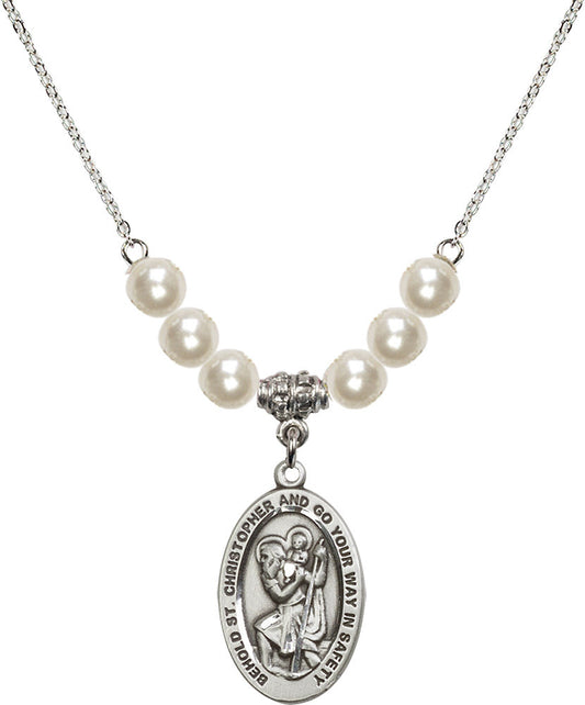 Sterling Silver Saint Christopher Birthstone Necklace with Faux-Pearl Beads - 4123