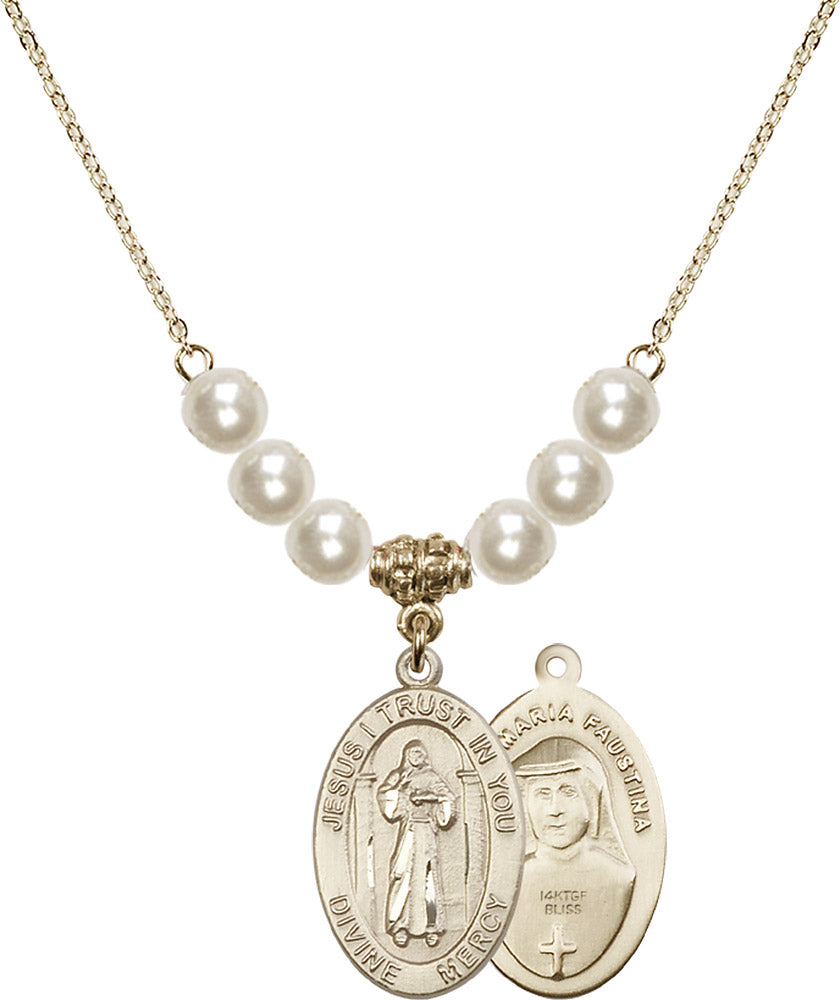 14kt Gold Filled Divine Mercy Birthstone Necklace with Faux-Pearl Beads - 4123
