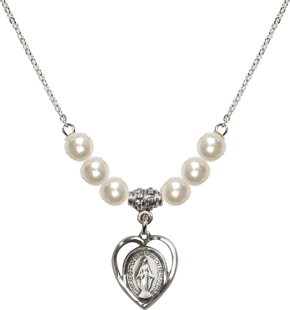 Sterling Silver Miraculous Birthstone Necklace with Faux-Pearl Beads - 4125