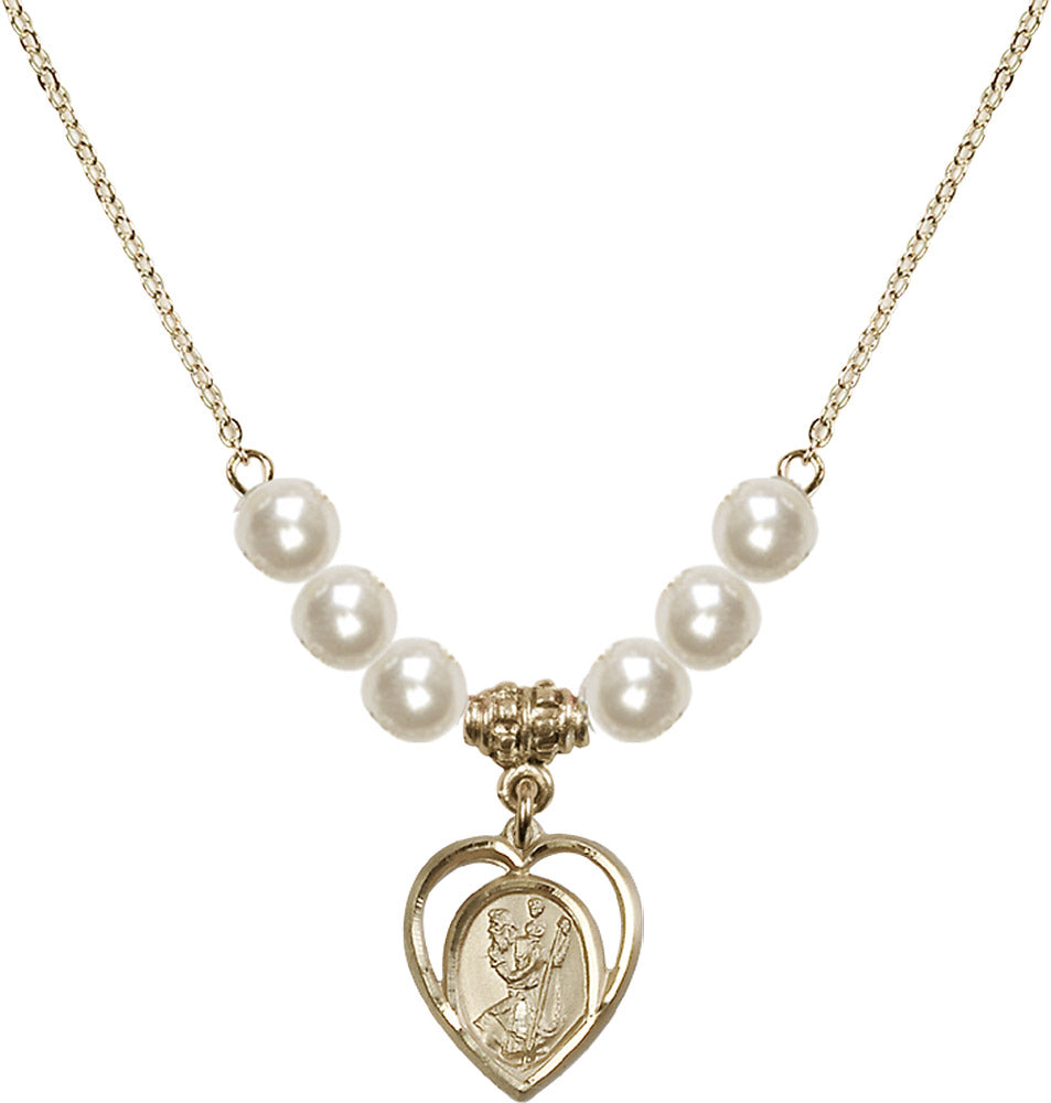 14kt Gold Filled Saint Christopher Birthstone Necklace with Faux-Pearl Beads - 4127