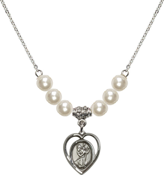 Sterling Silver Saint Christopher Birthstone Necklace with Faux-Pearl Beads - 4127