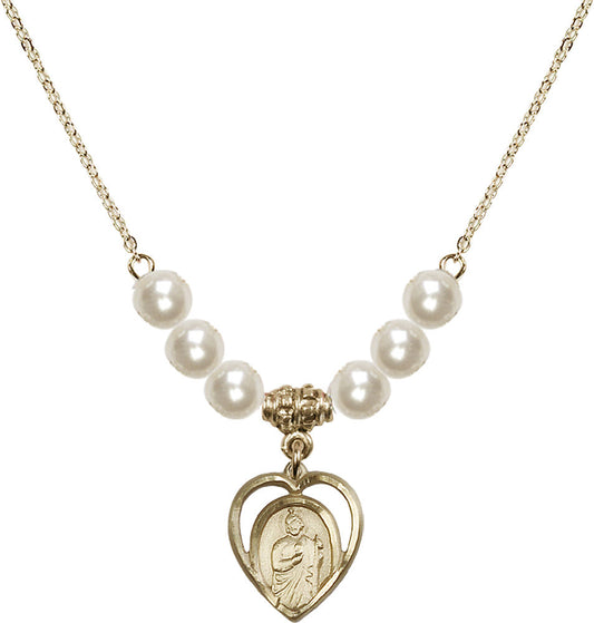 14kt Gold Filled Saint Jude Birthstone Necklace with Faux-Pearl Beads - 4128