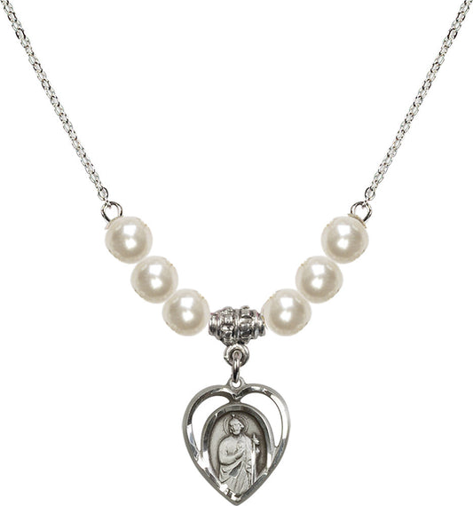Sterling Silver Saint Jude Birthstone Necklace with Faux-Pearl Beads - 4128