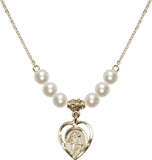 14kt Gold Filled Guardian Angel Birthstone Necklace with Faux-Pearl Beads - 4129
