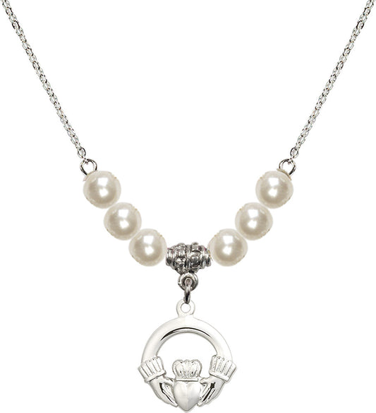 Sterling Silver Claddagh Birthstone Necklace with Faux-Pearl Beads - 4138