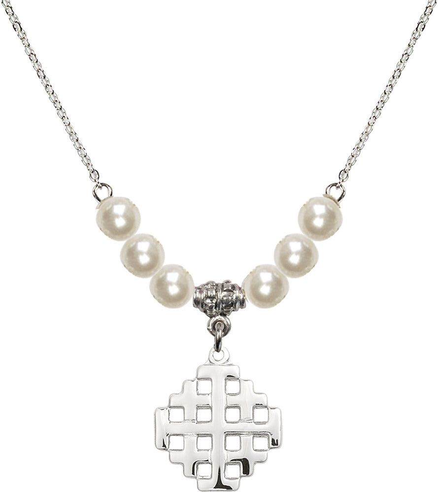 Sterling Silver Jerusalem Cross Birthstone Necklace with Faux-Pearl Beads - 4139
