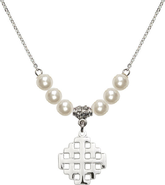 Sterling Silver Jerusalem Cross Birthstone Necklace with Faux-Pearl Beads - 4139