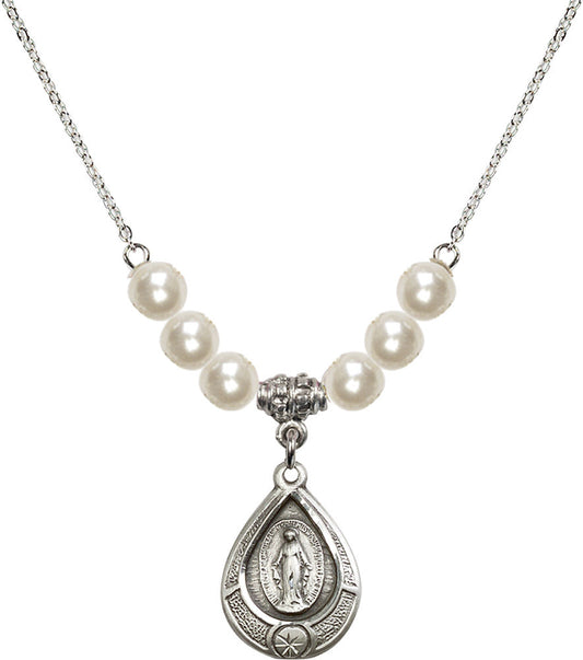 Sterling Silver Miraculous Birthstone Necklace with Faux-Pearl Beads - 4144