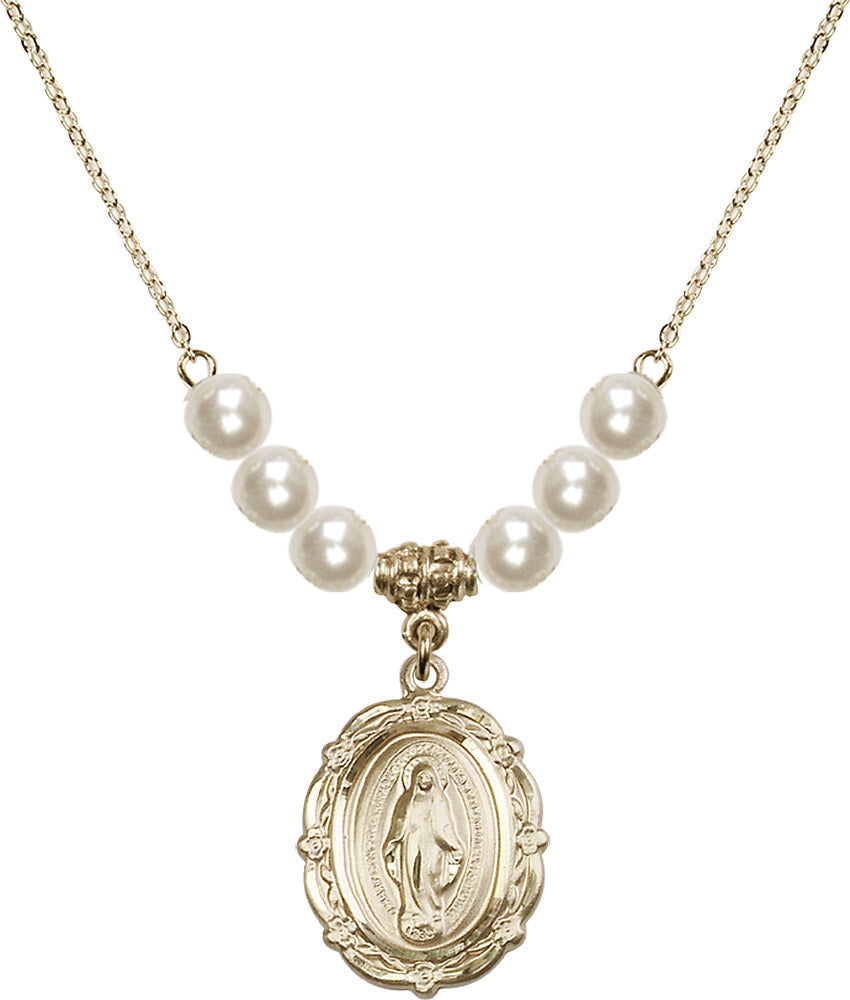 14kt Gold Filled Miraculous Birthstone Necklace with Faux-Pearl Beads - 4146