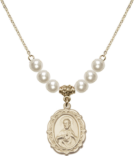 14kt Gold Filled Scapular Birthstone Necklace with Faux-Pearl Beads - 4146