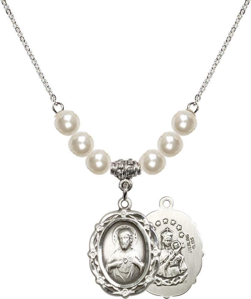 Sterling Silver Scapular Birthstone Necklace with Faux-Pearl Beads - 4146