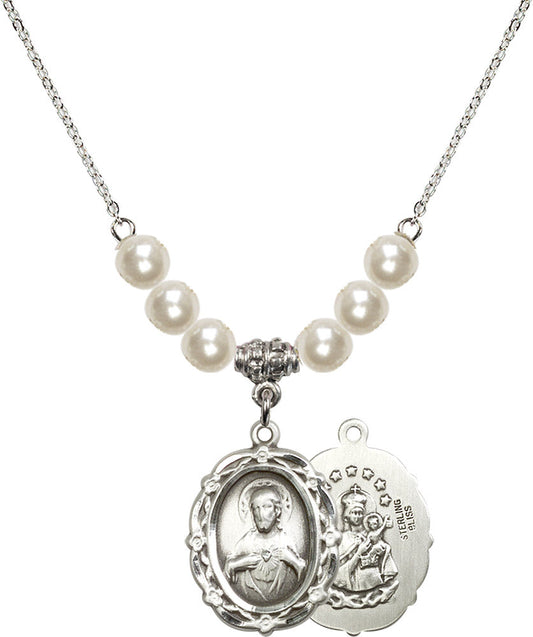 Sterling Silver Scapular Birthstone Necklace with Faux-Pearl Beads - 4146