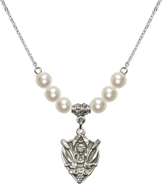 Sterling Silver Communion Birthstone Necklace with Faux-Pearl Beads - 4200