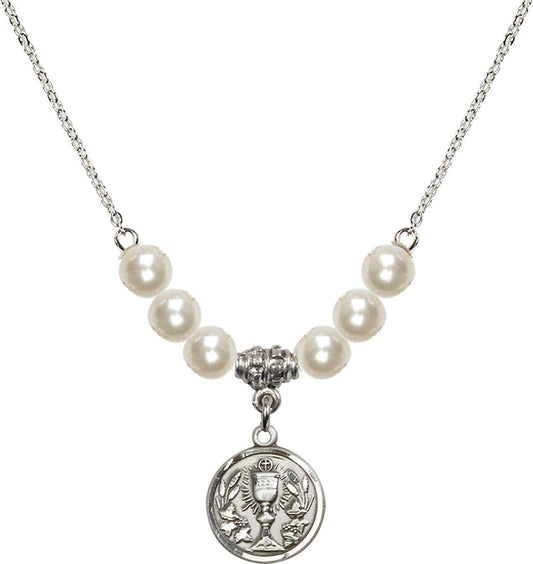 Sterling Silver Communion Chalice Birthstone Necklace with Faux-Pearl Beads - 4203