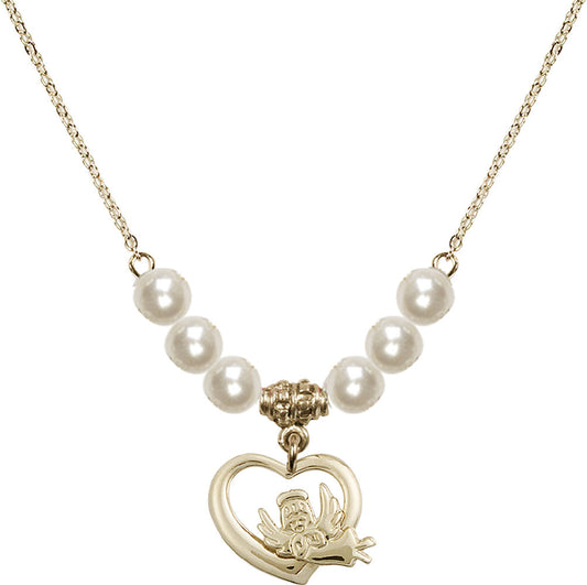 14kt Gold Filled Heart / Guardian Angel Birthstone Necklace with Faux-Pearl Beads - 4206