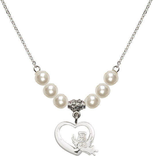 Sterling Silver Heart / Guardian Angel Birthstone Necklace with Faux-Pearl Beads - 4206