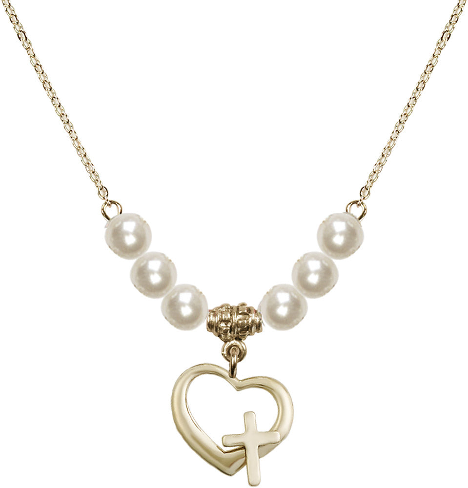 14kt Gold Filled Heart / Cross Birthstone Necklace with Faux-Pearl Beads - 4207