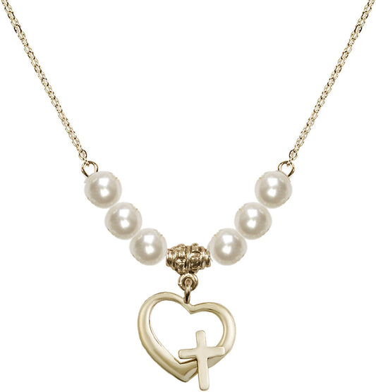 14kt Gold Filled Heart / Cross Birthstone Necklace with Faux-Pearl Beads - 4207