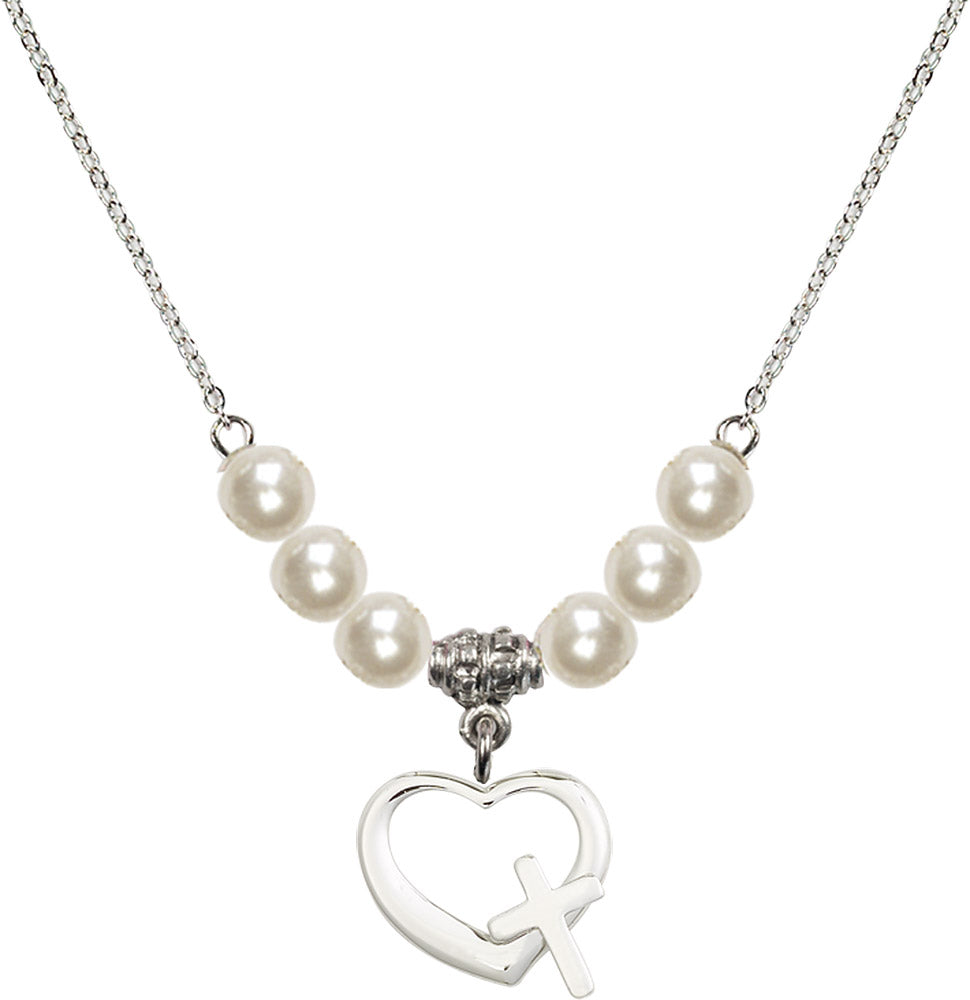 Sterling Silver Heart / Cross Birthstone Necklace with Faux-Pearl Beads - 4207
