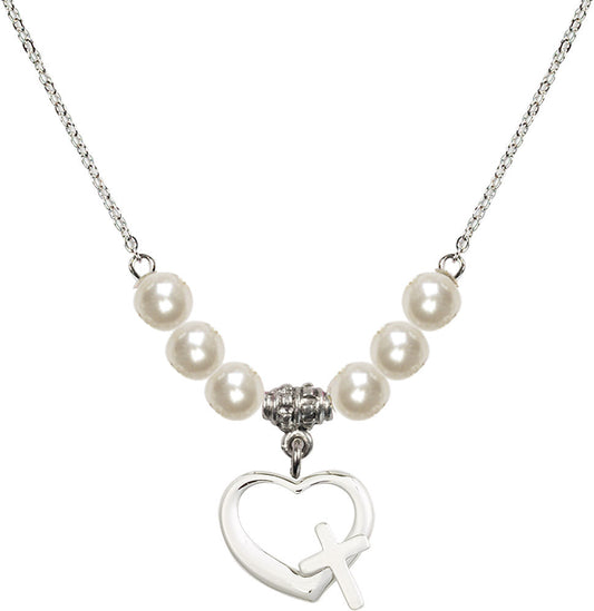 Sterling Silver Heart / Cross Birthstone Necklace with Faux-Pearl Beads - 4207