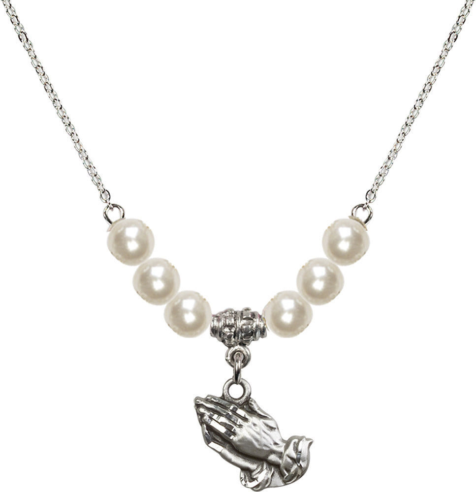 Sterling Silver Praying Hands Birthstone Necklace with Faux-Pearl Beads - 4219