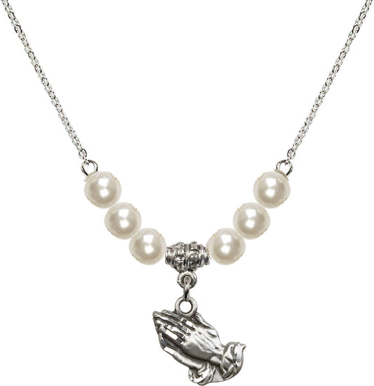 Sterling Silver Praying Hands Birthstone Necklace with Faux-Pearl Beads - 4219