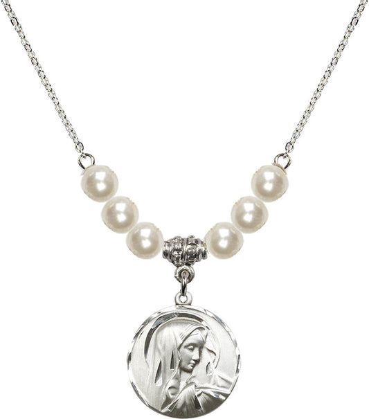 Sterling Silver Sorrowful Mother Birthstone Necklace with Faux-Pearl Beads - 4249