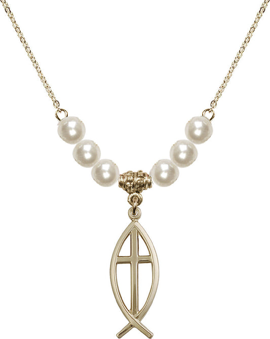 14kt Gold Filled Fish / Cross Birthstone Necklace with Faux-Pearl Beads - 4252