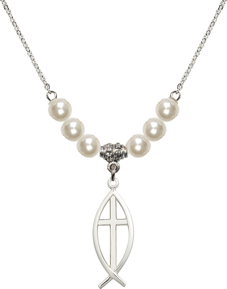 Sterling Silver Fish / Cross Birthstone Necklace with Faux-Pearl Beads - 4252