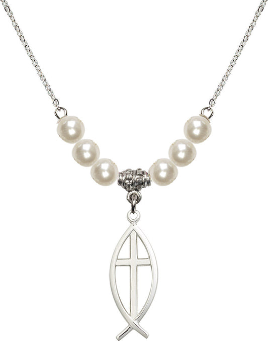 Sterling Silver Fish / Cross Birthstone Necklace with Faux-Pearl Beads - 4252