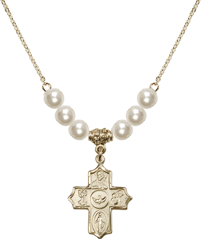 14kt Gold Filled 5-Way Birthstone Necklace with Faux-Pearl Beads - 4255