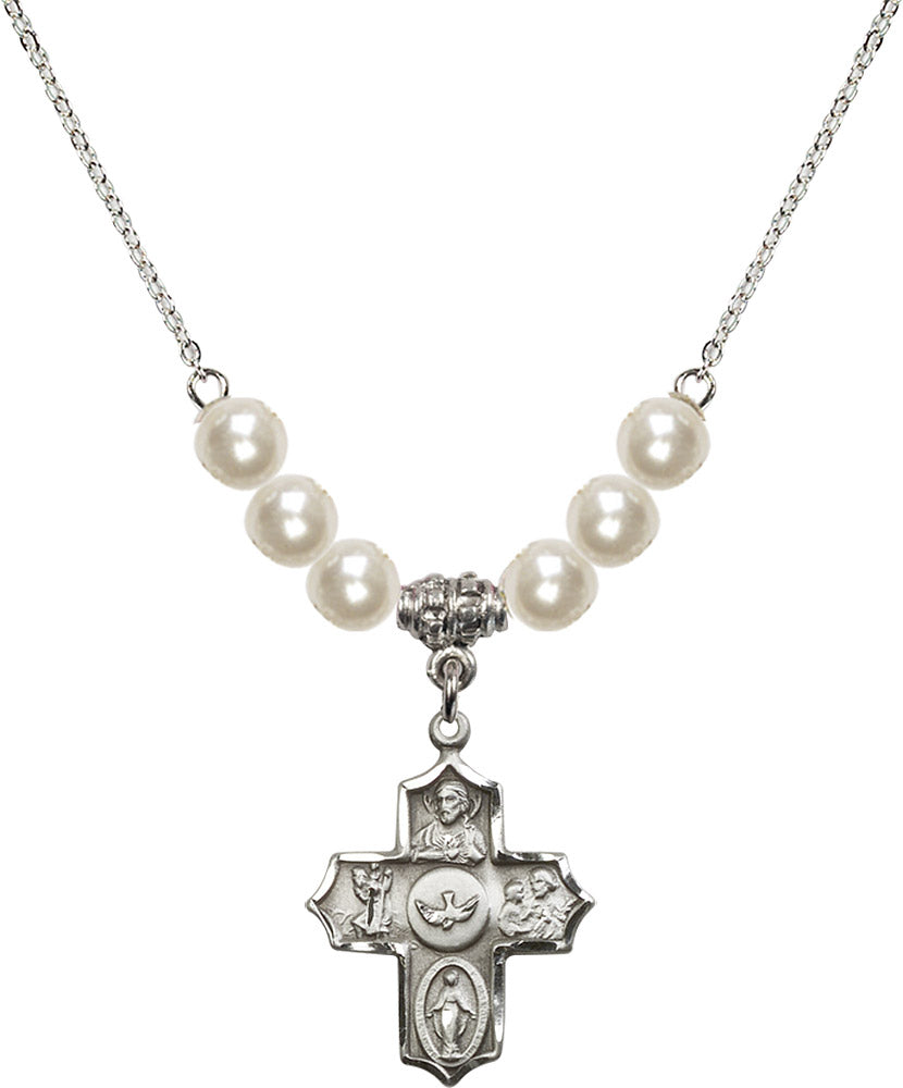 Sterling Silver 5-Way Birthstone Necklace with Faux-Pearl Beads - 4255