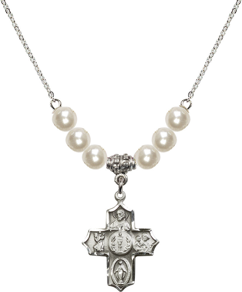 Sterling Silver 4-Way Birthstone Necklace with Faux-Pearl Beads - 4256