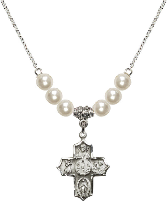 Sterling Silver 4-Way Birthstone Necklace with Faux-Pearl Beads - 4256