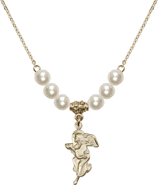 14kt Gold Filled Guardian Angel Birthstone Necklace with Faux-Pearl Beads - 4260