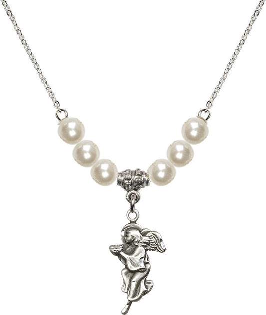 Sterling Silver Guardian Angel Birthstone Necklace with Faux-Pearl Beads - 4260