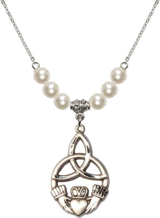 Sterling Silver Irish Knot / Claddagh Birthstone Necklace with Faux-Pearl Beads - 5102