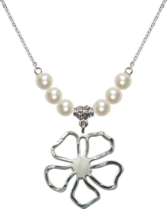 Sterling Silver Five Pedal Flower Birthstone Necklace with Faux-Pearl Beads - 5109