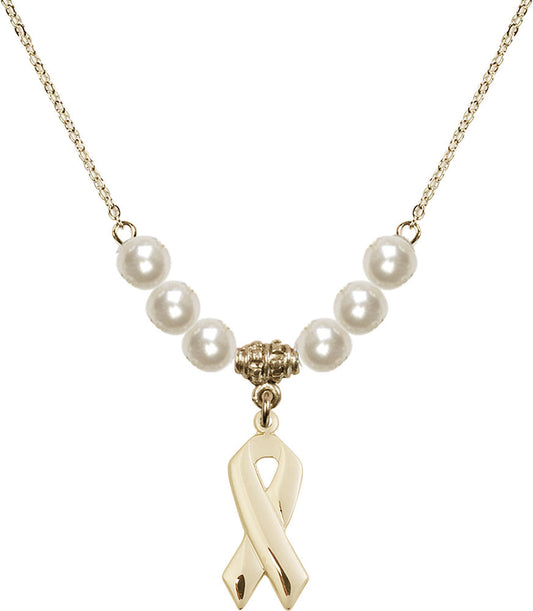 14kt Gold Filled Cancer Awareness Birthstone Necklace with Faux-Pearl Beads - 5150