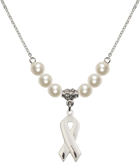 Sterling Silver Cancer Awareness Birthstone Necklace with Faux-Pearl Beads - 5150