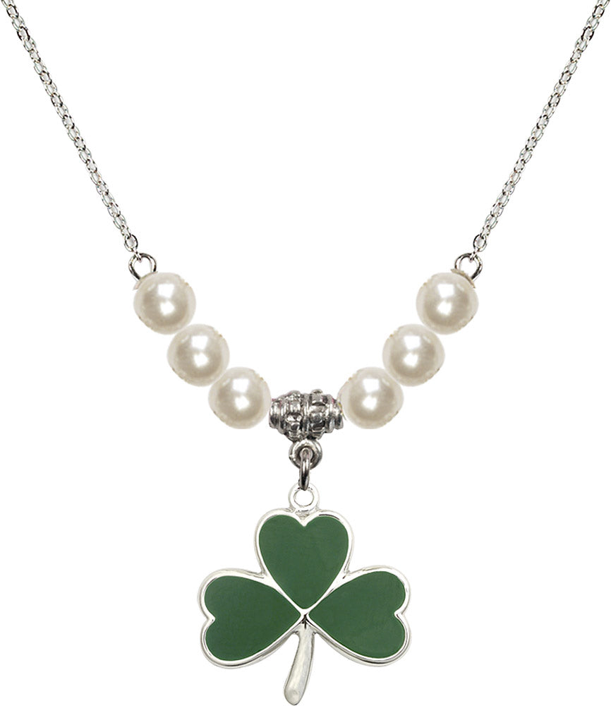 Sterling Silver Shamrock Birthstone Necklace with Faux-Pearl Beads - 5248
