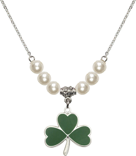Sterling Silver Shamrock Birthstone Necklace with Faux-Pearl Beads - 5248