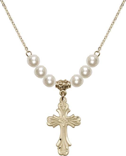 14kt Gold Filled Cross Birthstone Necklace with Faux-Pearl Beads - 5419