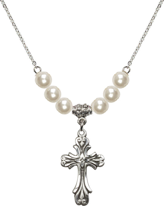 Sterling Silver Cross Birthstone Necklace with Faux-Pearl Beads - 5419