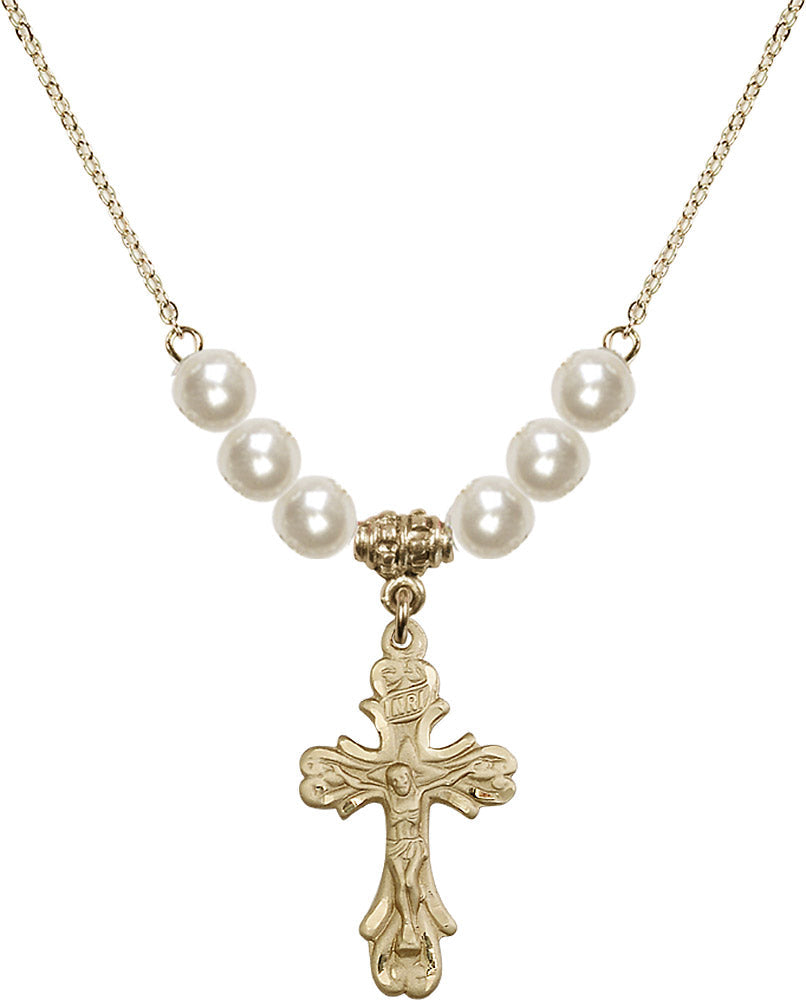 14kt Gold Filled Crucifix Birthstone Necklace with Faux-Pearl Beads - 5421