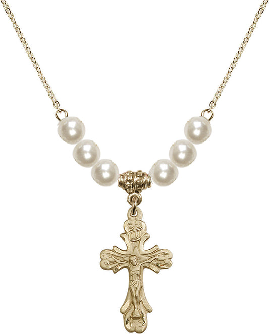 14kt Gold Filled Crucifix Birthstone Necklace with Faux-Pearl Beads - 5421