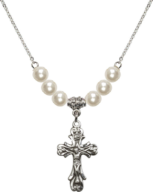 Sterling Silver Crucifix Birthstone Necklace with Faux-Pearl Beads - 5421