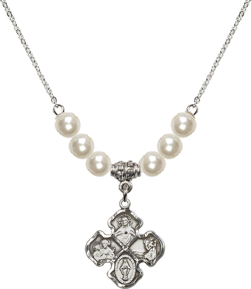 Sterling Silver 4-Way Birthstone Necklace with Faux-Pearl Beads - 5441