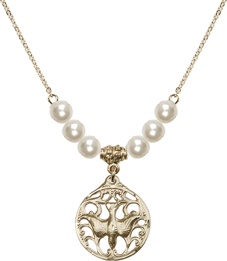 14kt Gold Filled Holy Spirit Birthstone Necklace with Faux-Pearl Beads - 5655
